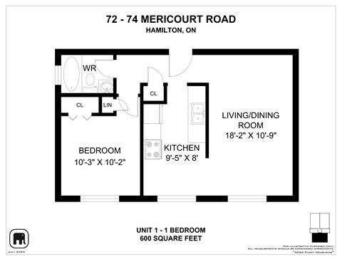 Floor plan for 1 bed, 1 bath